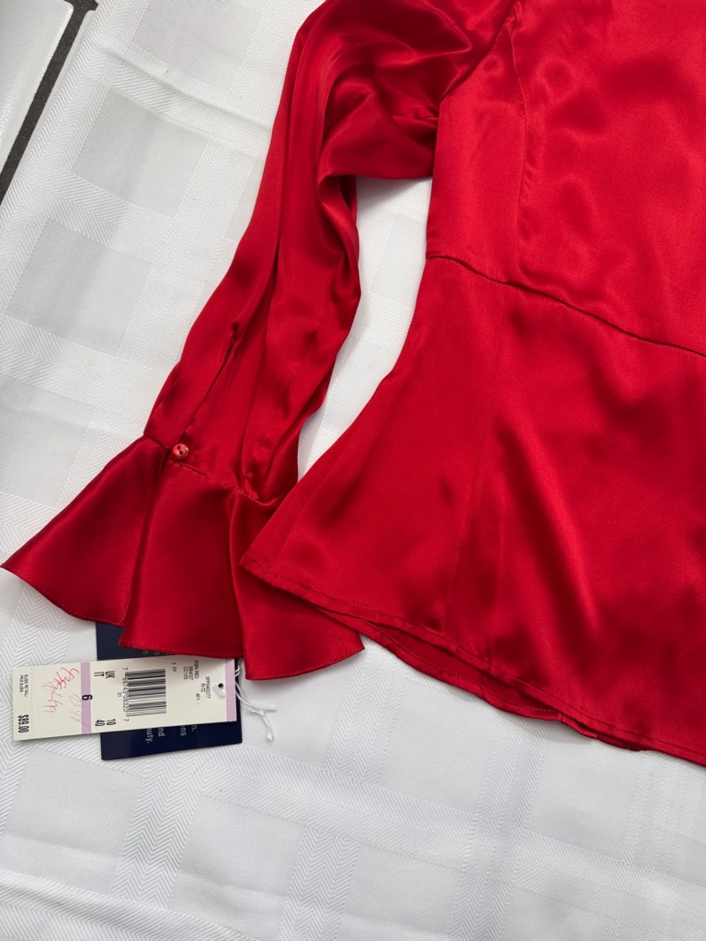 Anne Klein Red Satin Ruffled Button-Front Blouse - Picture 12 of 16